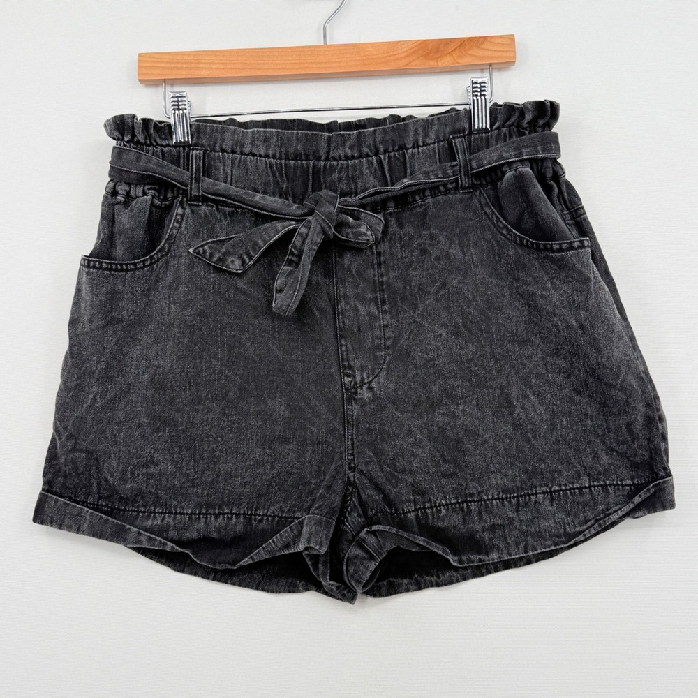 Tgla Paperbag Denim Shorts Womens Large Black Tie Waist Gorpcore Boho Edgy Indie